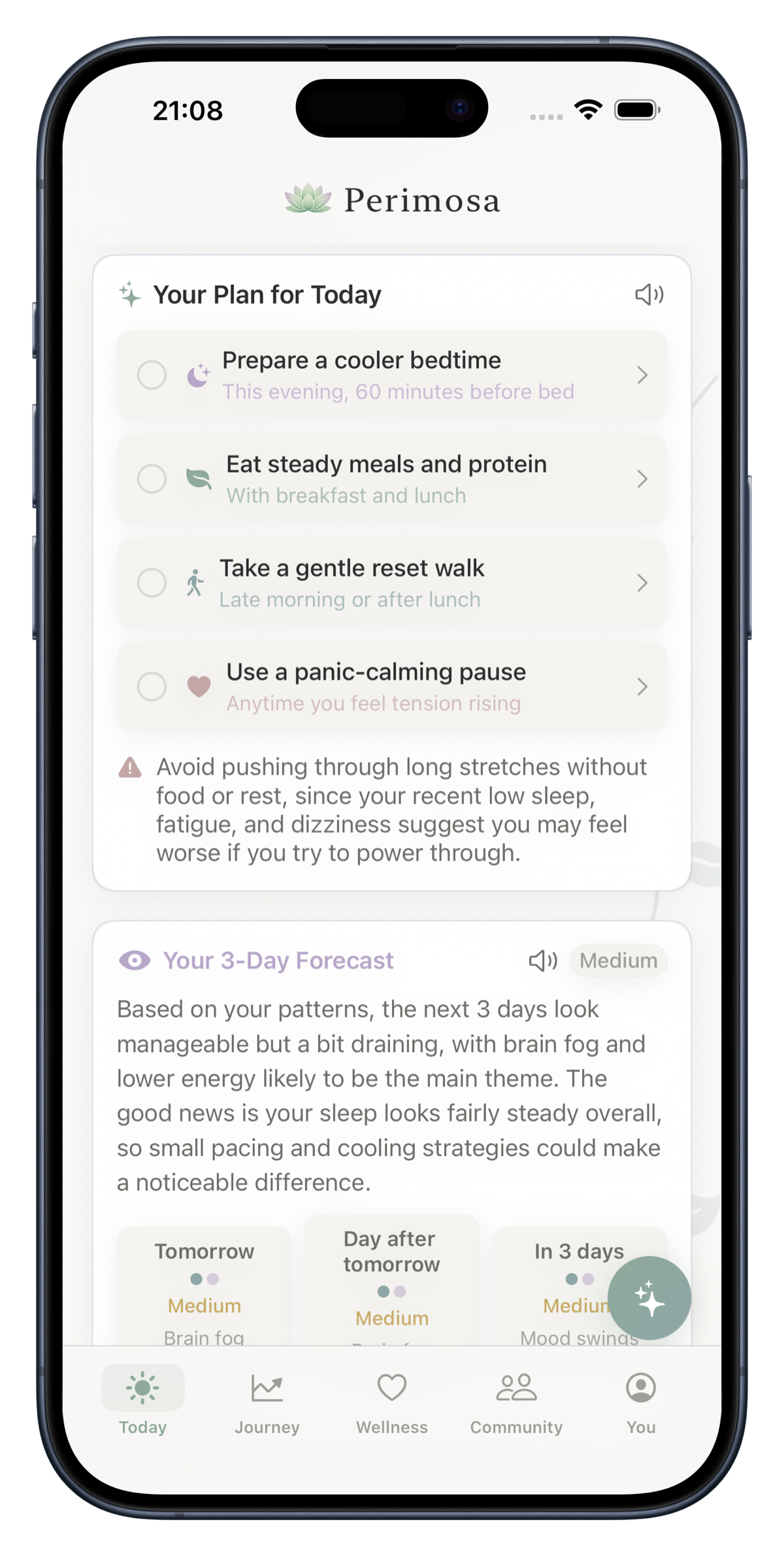 Perimosa app showing a personalized action plan with exercise recommendations for managing perimenopause symptoms
