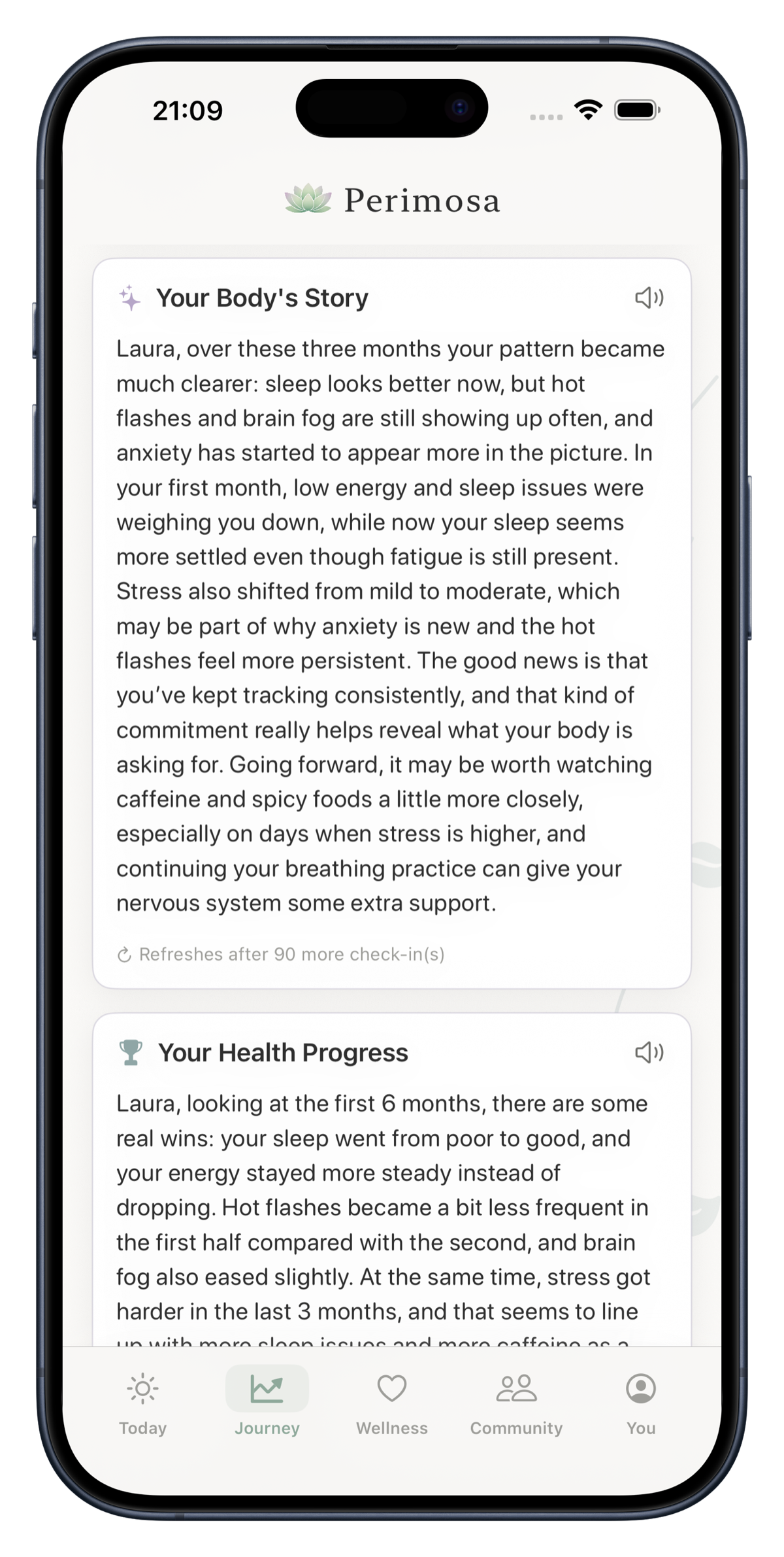 Perimosa Journey tab showing a 3-month AI-narrated Your Body's Story — how sleep, hot flashes, brain fog, fatigue and anxiety patterns evolved over the tracked window