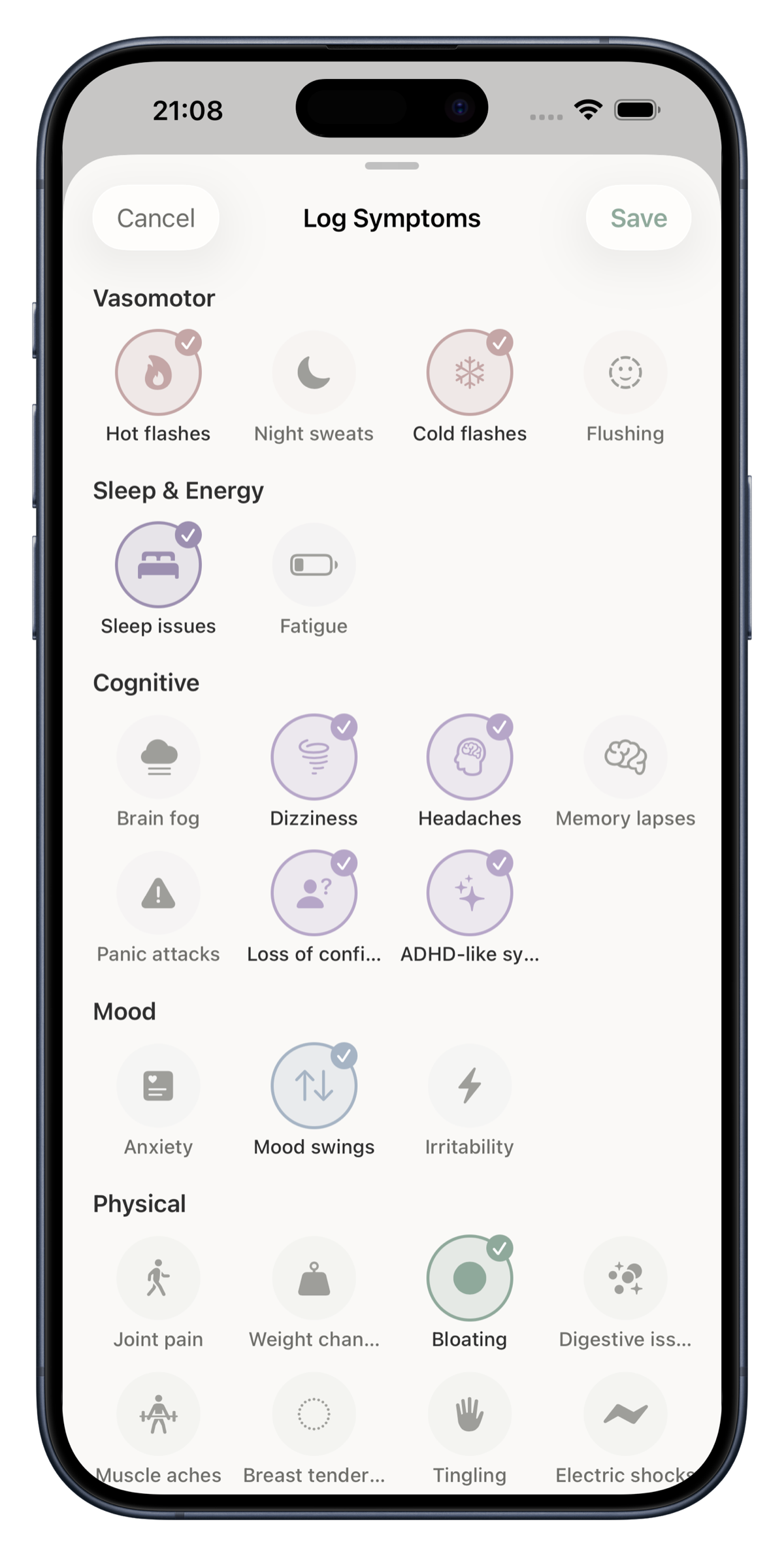 Perimosa app symptom log with hot flashes, brain fog, sleep issues, mood swings and bloating selected — checking off what you notice