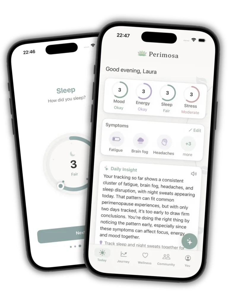 Perimosa app on two iPhones: the Today screen showing daily check-in dials, tracked symptoms, and an AI Daily Insight, alongside a sleep check-in screen with a circular dial