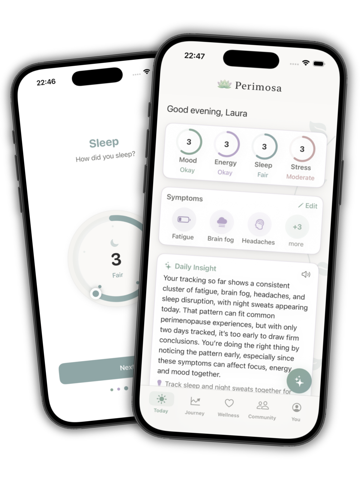 Perimosa app on two iPhones: the Today screen showing daily check-in dials, tracked symptoms, and an AI Daily Insight, alongside a sleep check-in screen with a circular dial